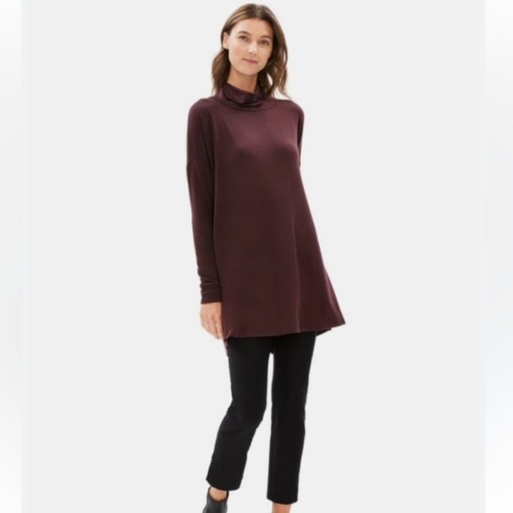 Eileen Fisher Tencel Burgundy Stretch Jersey Knit Funnel Neck Tunic Dress XL